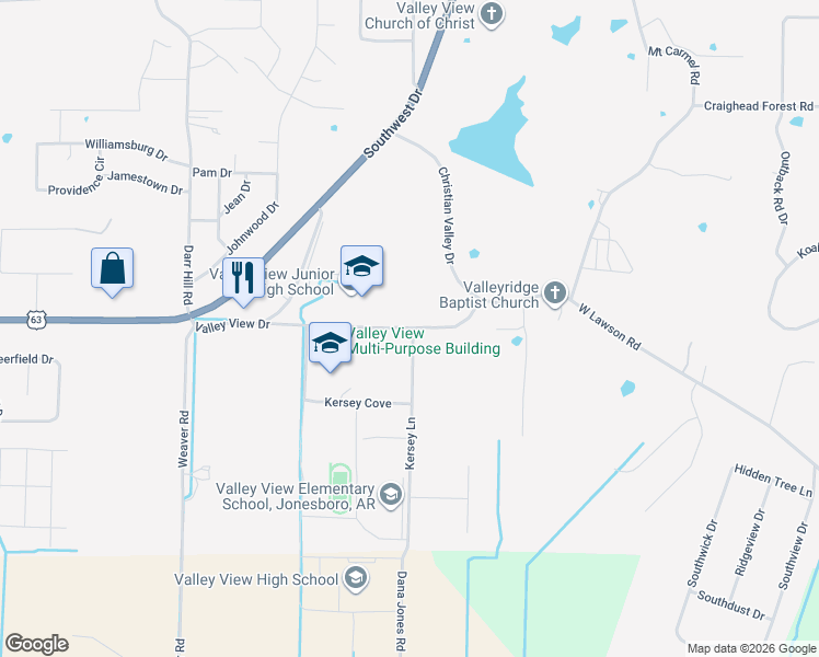 map of restaurants, bars, coffee shops, grocery stores, and more near 2119 Valley View Drive in Jonesboro