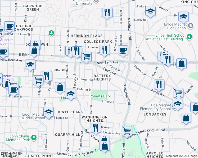 map of restaurants, bars, coffee shops, grocery stores, and more near 1313 East Hargett Street in Raleigh