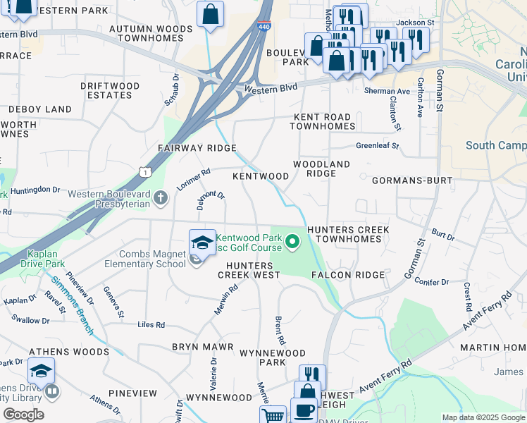 map of restaurants, bars, coffee shops, grocery stores, and more near 211 Merwin Road in Raleigh