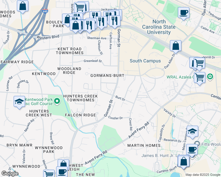 map of restaurants, bars, coffee shops, grocery stores, and more near 3805 Kelford Street in Raleigh