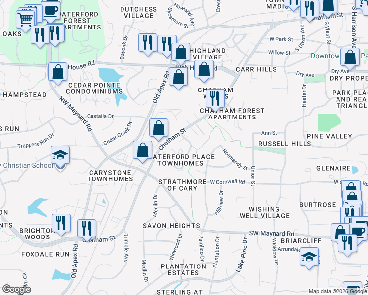 map of restaurants, bars, coffee shops, grocery stores, and more near 200 Danforth Drive in Cary