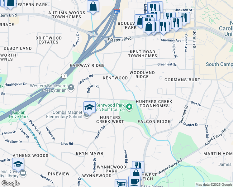 map of restaurants, bars, coffee shops, grocery stores, and more near 211 Merwin Road in Raleigh