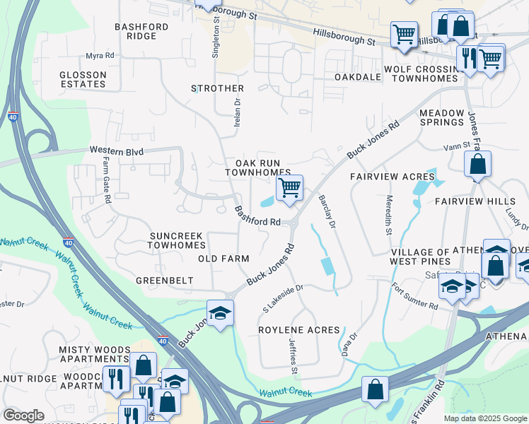 map of restaurants, bars, coffee shops, grocery stores, and more near 333 Oak Run Drive in Raleigh