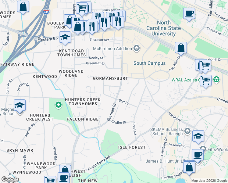 map of restaurants, bars, coffee shops, grocery stores, and more near 3805 Kelford Street in Raleigh