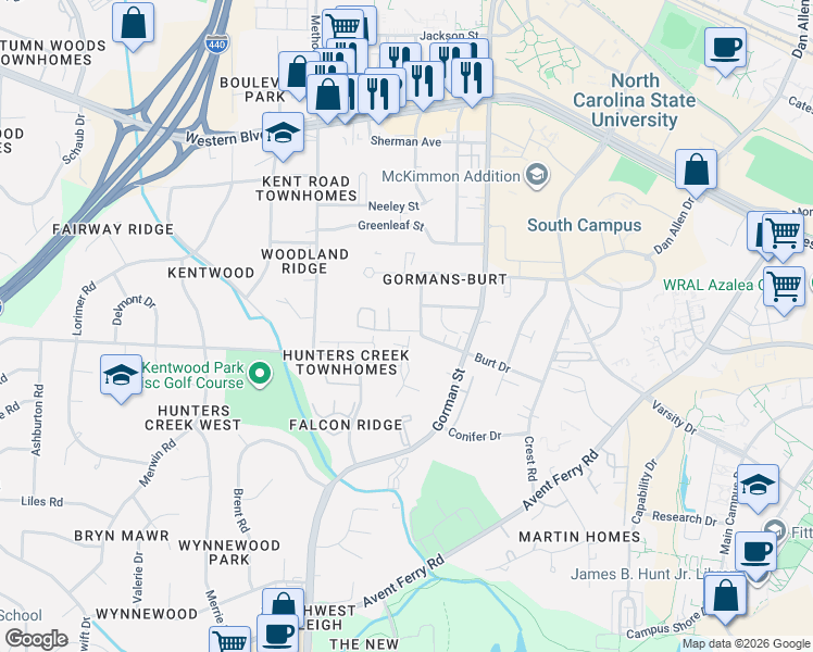 map of restaurants, bars, coffee shops, grocery stores, and more near 3833 Kelford Street in Raleigh