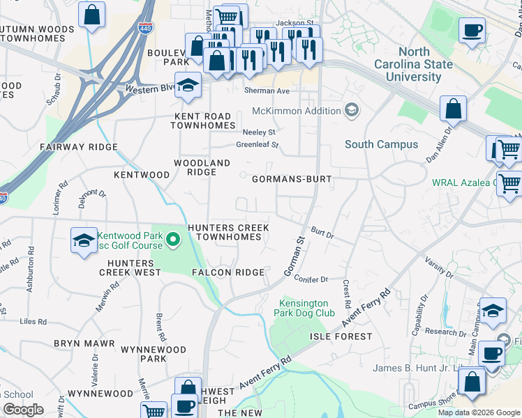 map of restaurants, bars, coffee shops, grocery stores, and more near 3833 Kelford Street in Raleigh