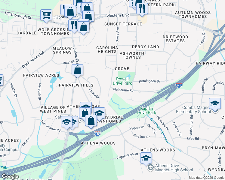 map of restaurants, bars, coffee shops, grocery stores, and more near 5224 Melbourne Road in Raleigh