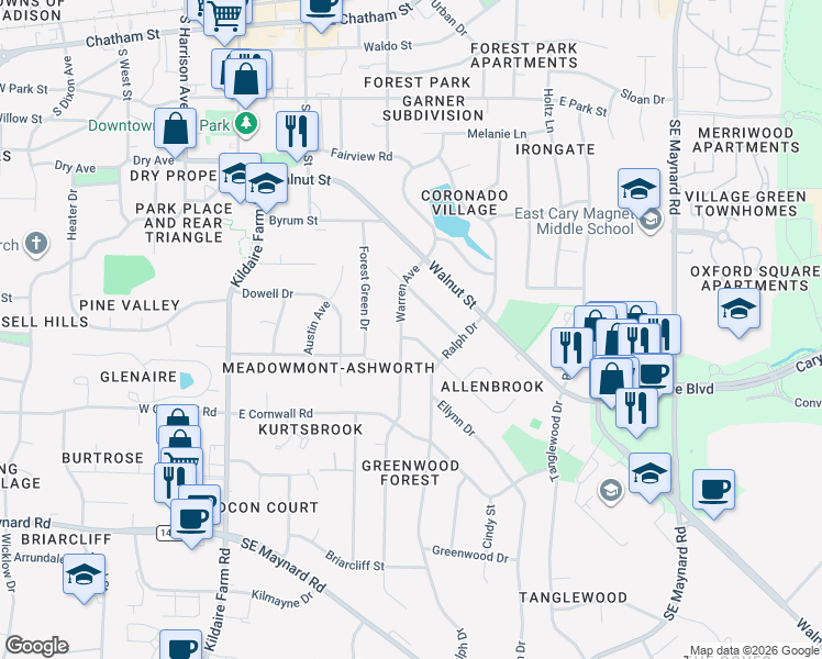 map of restaurants, bars, coffee shops, grocery stores, and more near 418 Pleasants Avenue in Cary