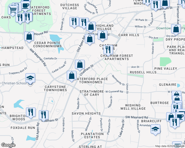 map of restaurants, bars, coffee shops, grocery stores, and more near 200 Danforth Drive in Cary