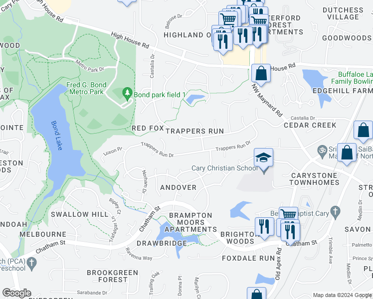 map of restaurants, bars, coffee shops, grocery stores, and more near 103 South Jaguar Court in Cary