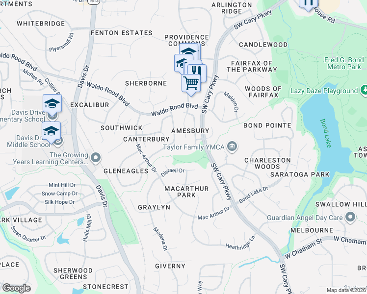 map of restaurants, bars, coffee shops, grocery stores, and more near 202 Ashley Brook Court in Cary