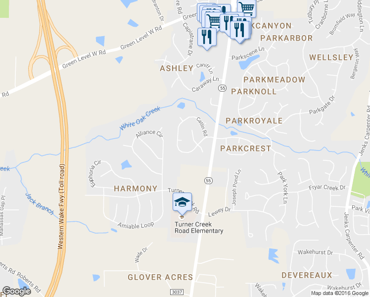 map of restaurants, bars, coffee shops, grocery stores, and more near 103 Branchway Road in Cary
