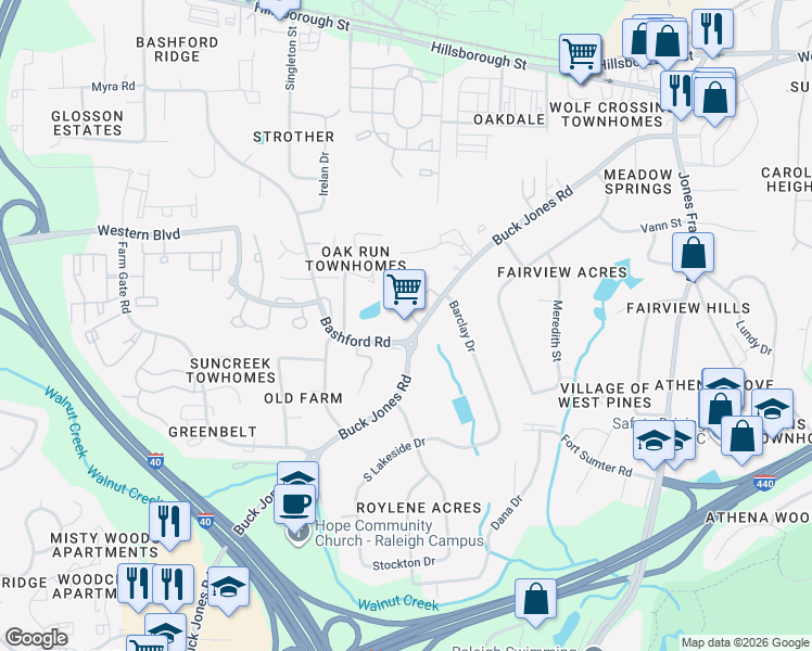 map of restaurants, bars, coffee shops, grocery stores, and more near 430 Buck Jones Road in Raleigh