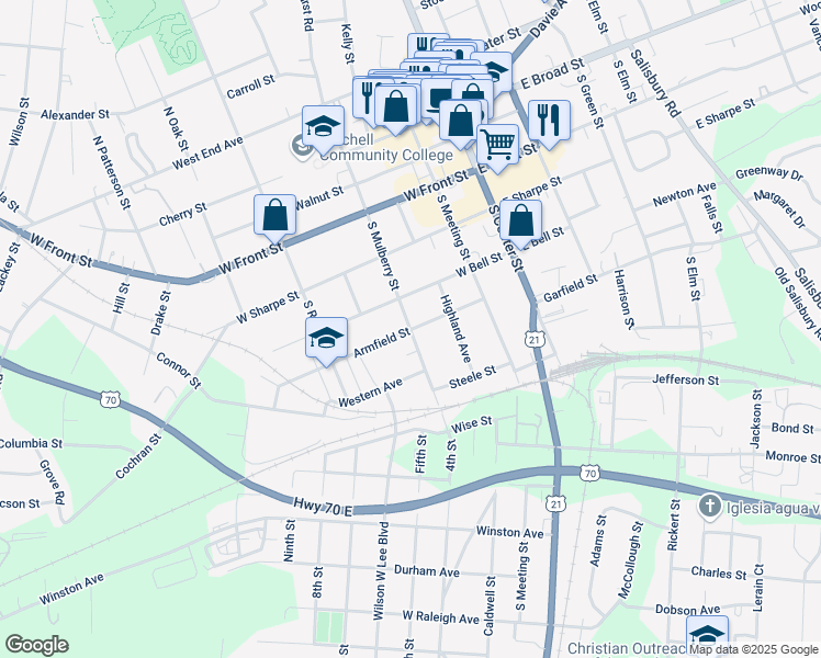 map of restaurants, bars, coffee shops, grocery stores, and more near Armfield Street in Statesville