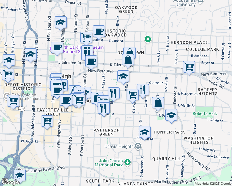 map of restaurants, bars, coffee shops, grocery stores, and more near 211 Woodsborough Place in Raleigh
