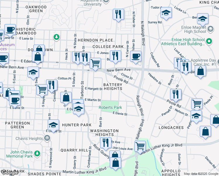 map of restaurants, bars, coffee shops, grocery stores, and more near 1313 East Hargett Street in Raleigh