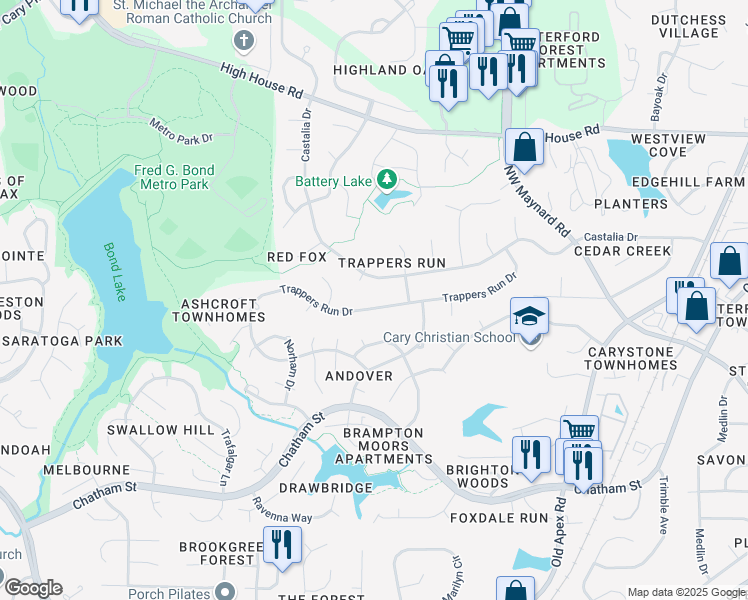 map of restaurants, bars, coffee shops, grocery stores, and more near 103 South Jaguar Court in Cary