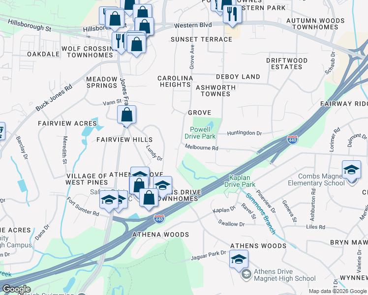 map of restaurants, bars, coffee shops, grocery stores, and more near 5224 Melbourne Road in Raleigh