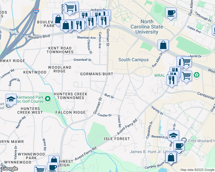 map of restaurants, bars, coffee shops, grocery stores, and more near 1505 Gorman Street in Raleigh