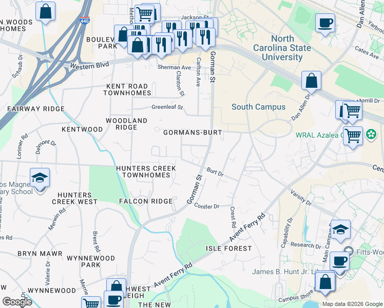 map of restaurants, bars, coffee shops, grocery stores, and more near 3805 Kelford Street in Raleigh