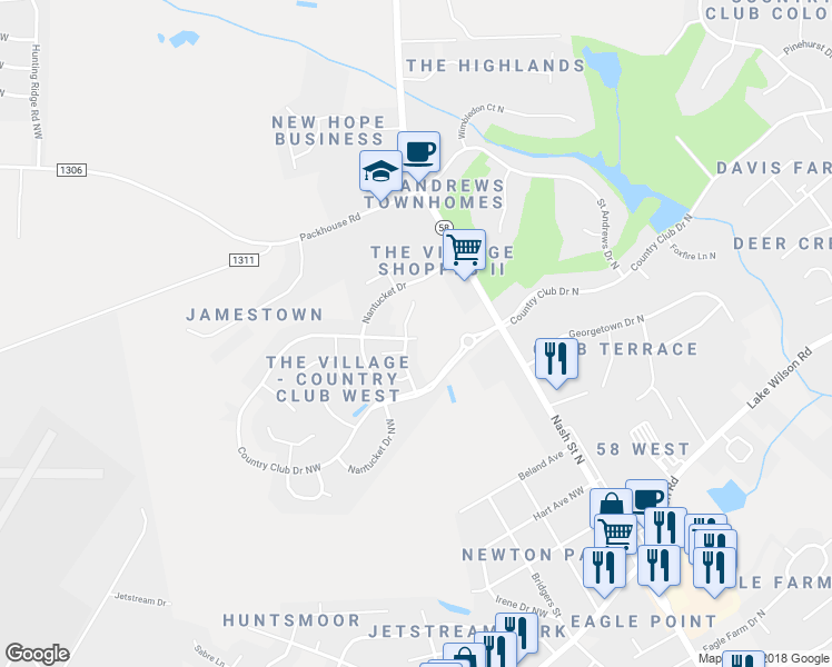 map of restaurants, bars, coffee shops, grocery stores, and more near 4252 Country Club Drive in Wilson