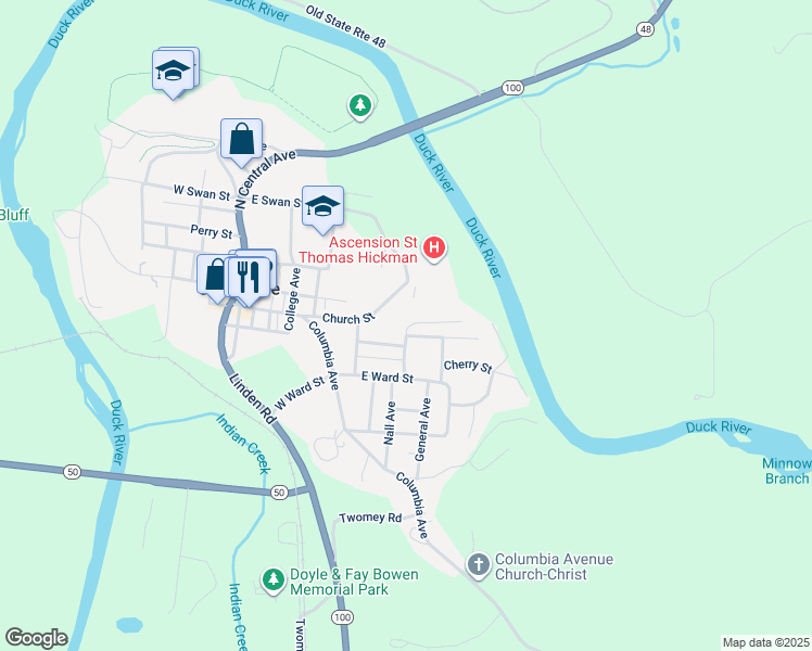 map of restaurants, bars, coffee shops, grocery stores, and more near 98 East over Drive in Centerville