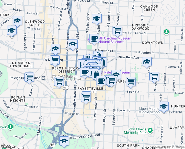 map of restaurants, bars, coffee shops, grocery stores, and more near 207 Fayetteville Street in Raleigh