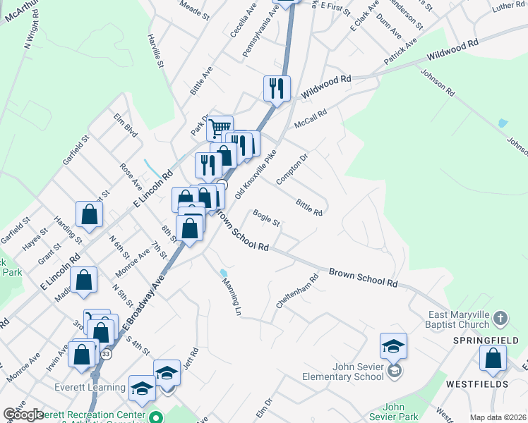 map of restaurants, bars, coffee shops, grocery stores, and more near 301 Bogle Street in Maryville
