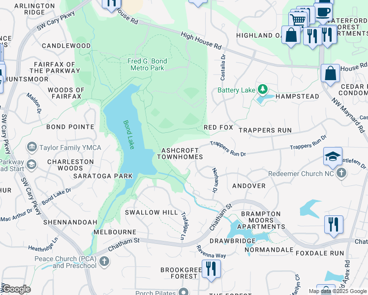 map of restaurants, bars, coffee shops, grocery stores, and more near 108 Luxon Place in Cary