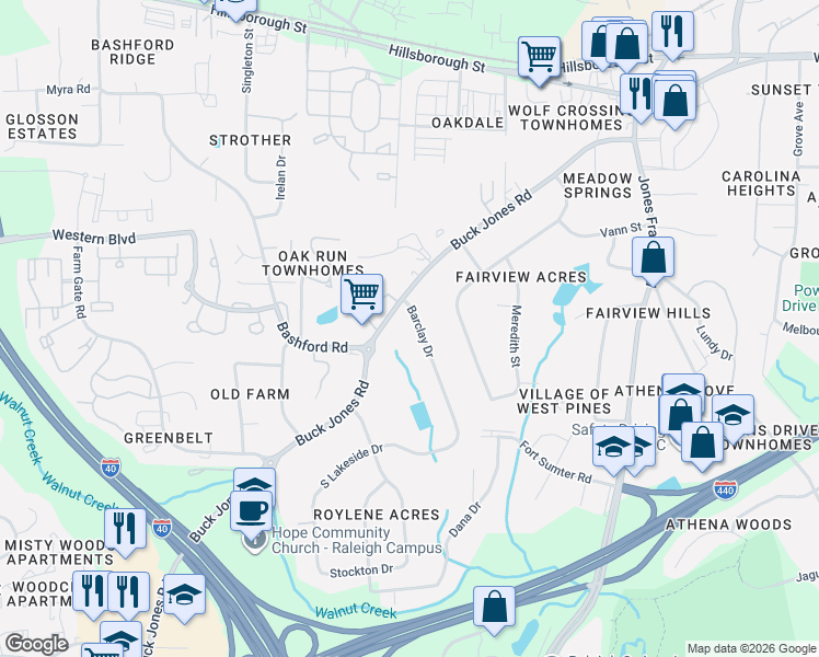 map of restaurants, bars, coffee shops, grocery stores, and more near 5351 Barclay Drive in Raleigh