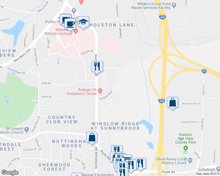 map of restaurants, bars, coffee shops, grocery stores, and more near 217 Sunnybrook Road in Raleigh