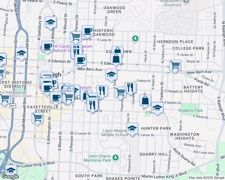 map of restaurants, bars, coffee shops, grocery stores, and more near 551 East Hargett Street in Raleigh