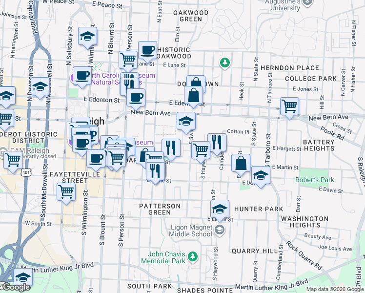map of restaurants, bars, coffee shops, grocery stores, and more near 551 East Hargett Street in Raleigh