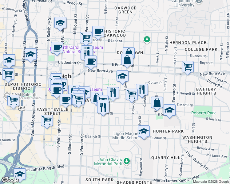 map of restaurants, bars, coffee shops, grocery stores, and more near 551 East Hargett Street in Raleigh