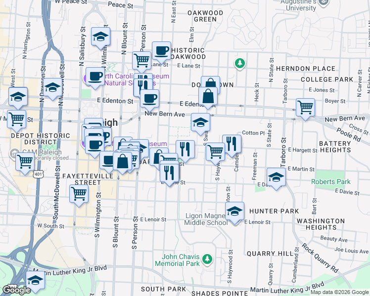 map of restaurants, bars, coffee shops, grocery stores, and more near in Raleigh