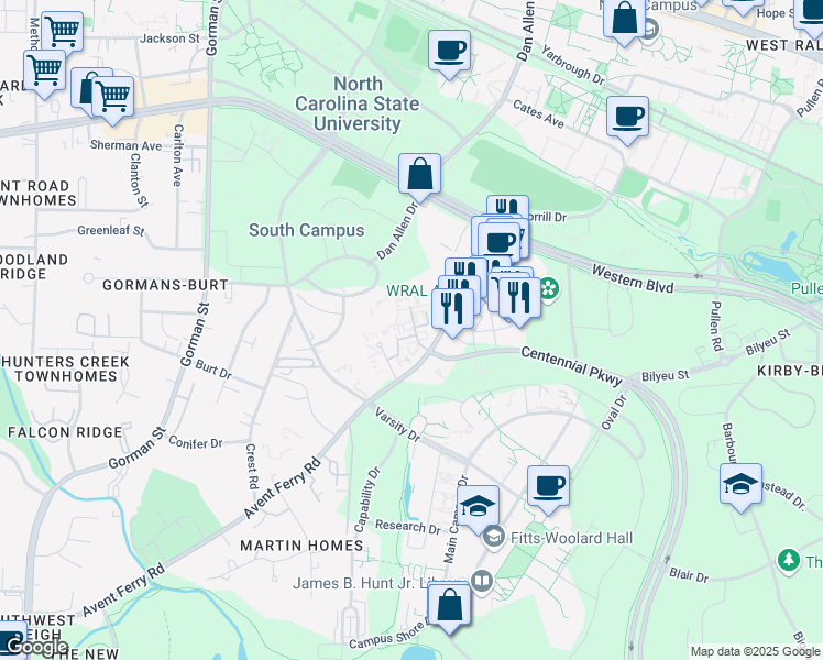 map of restaurants, bars, coffee shops, grocery stores, and more near 2317 Champion Court in Raleigh