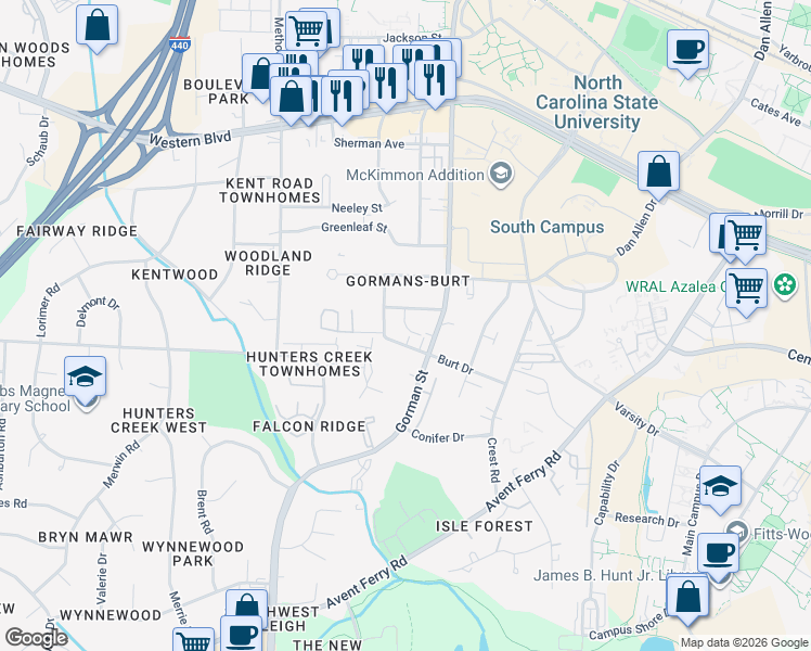 map of restaurants, bars, coffee shops, grocery stores, and more near 3805 Kelford Street in Raleigh