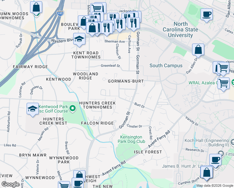 map of restaurants, bars, coffee shops, grocery stores, and more near 3800 Sperry Land Court in Raleigh