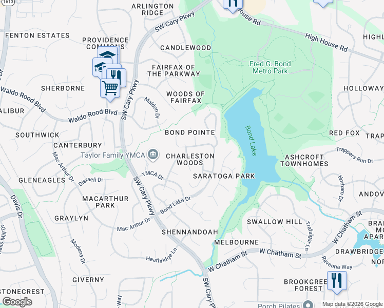 map of restaurants, bars, coffee shops, grocery stores, and more near 307 Bond Lake Drive in Cary