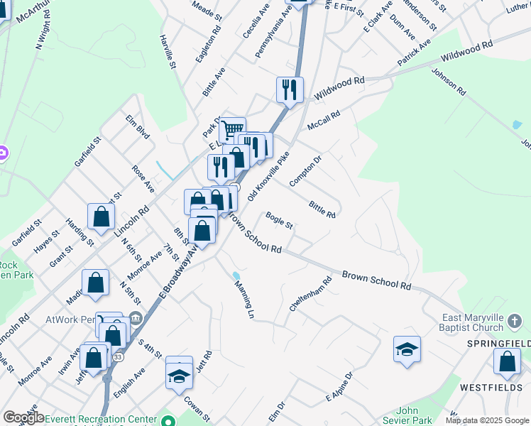 map of restaurants, bars, coffee shops, grocery stores, and more near 304 Bogle Street in Maryville