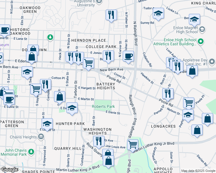 map of restaurants, bars, coffee shops, grocery stores, and more near 1404 Battery Drive in Raleigh
