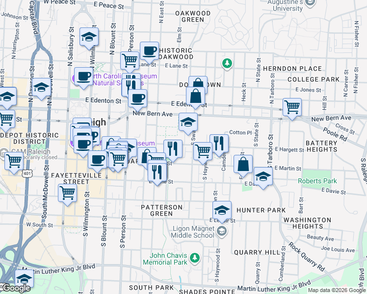 map of restaurants, bars, coffee shops, grocery stores, and more near 551 East Hargett Street in Raleigh