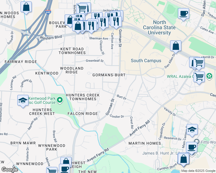 map of restaurants, bars, coffee shops, grocery stores, and more near 3810 Burt Drive in Raleigh