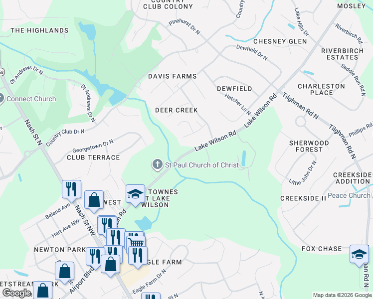 map of restaurants, bars, coffee shops, grocery stores, and more near 4121 Lake Wilson Road in Wilson