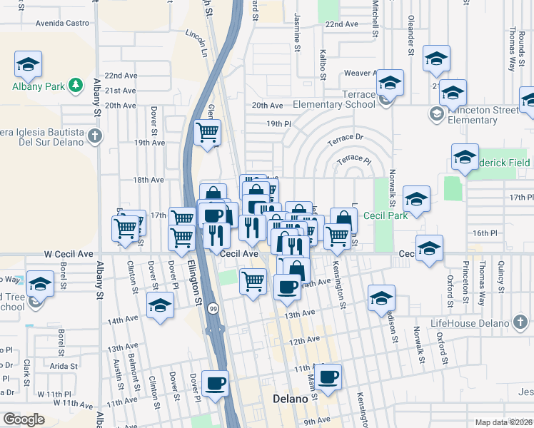 map of restaurants, bars, coffee shops, grocery stores, and more near 1706 High Street in Delano