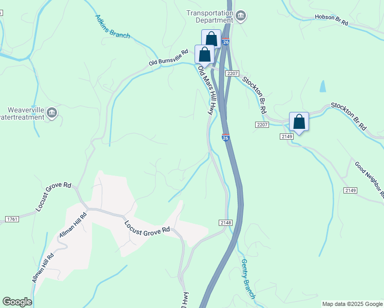 map of restaurants, bars, coffee shops, grocery stores, and more near 55 Robert Allman Road in Weaverville