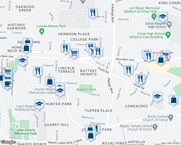 map of restaurants, bars, coffee shops, grocery stores, and more near 1404 Battery Drive in Raleigh