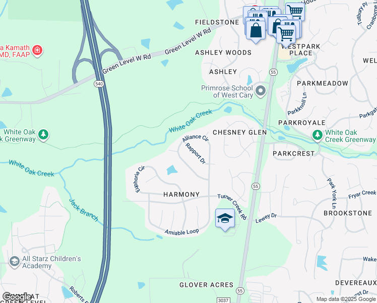 map of restaurants, bars, coffee shops, grocery stores, and more near 106 Rapport Drive in Cary