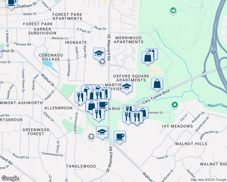 map of restaurants, bars, coffee shops, grocery stores, and more near 924 Southeast Maynard Road in Cary