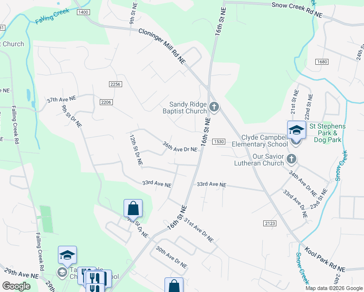 map of restaurants, bars, coffee shops, grocery stores, and more near 1419 36th Avenue Drive Northeast in Hickory